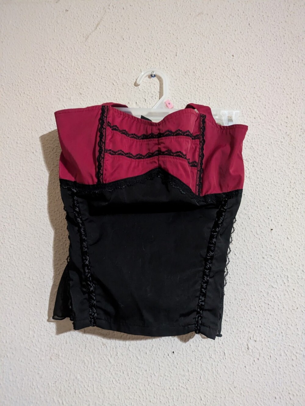 Tripp NYC Two-Tone Bustier Top in Red and Black.